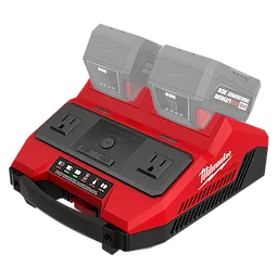 Block Photography image of a red dual-battery charging station with two batteries and power outlets.