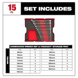 Bare Tray for 15pc. Metric Combination Wrench Set for PACKOUT Drawers includes wrenches of sizes 8mm to 22mm. The graphic shows the wrench tray and a table listing each wrench size and quantity. The tray is red and black with slots for each wrench.