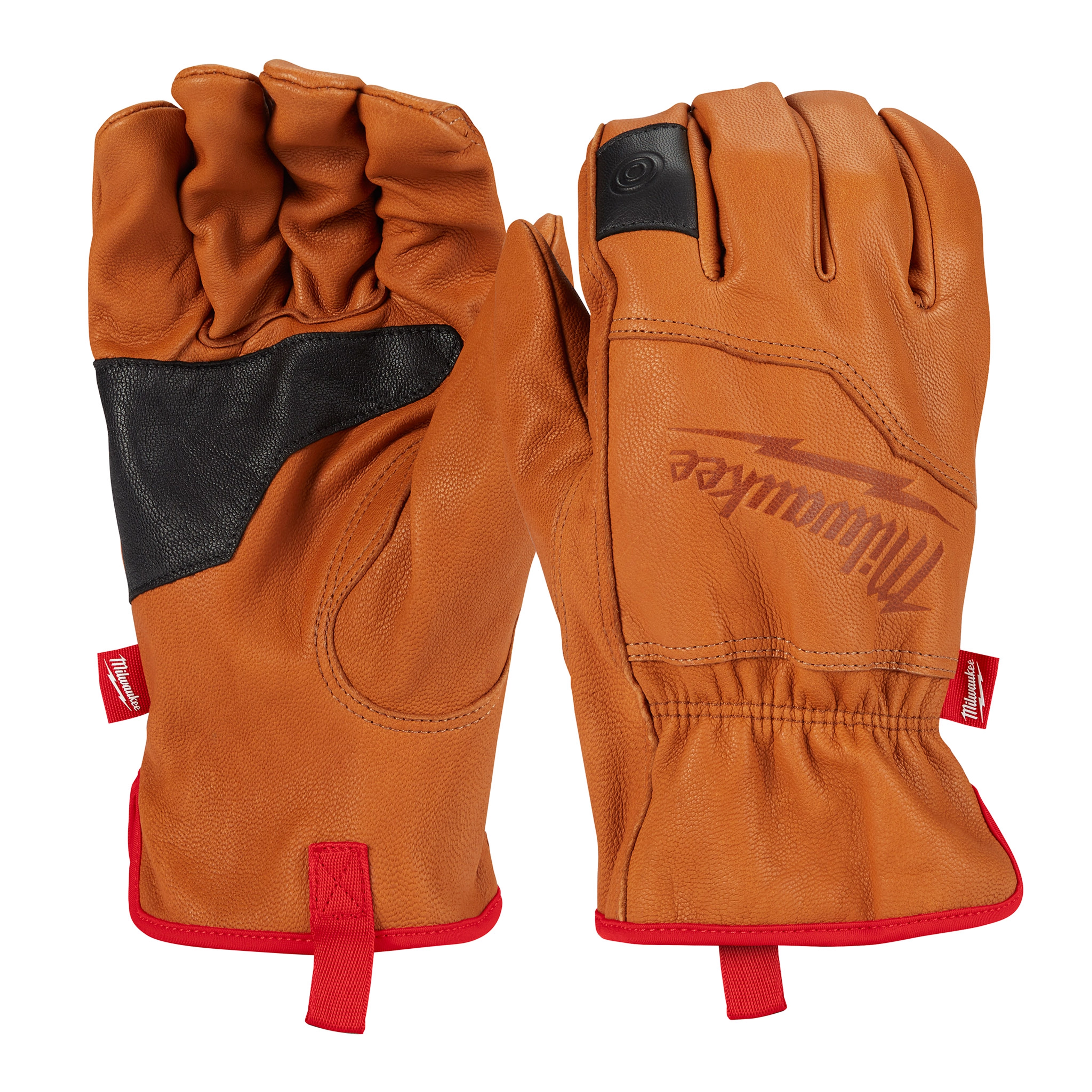 Brown Goatskin Leather Gloves with black padding on the palms, red trim, and the manufacturer’s name in red on the back. The gloves feature an ergonomic design and are suitable for heavy-duty tasks.