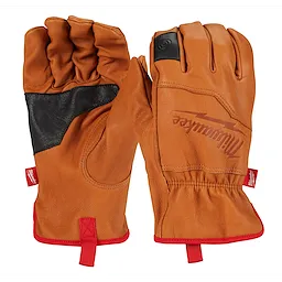 Brown Goatskin Leather Gloves with black padding on the palms, red trim, and the manufacturer’s name in red on the back. The gloves feature an ergonomic design and are suitable for heavy-duty tasks.