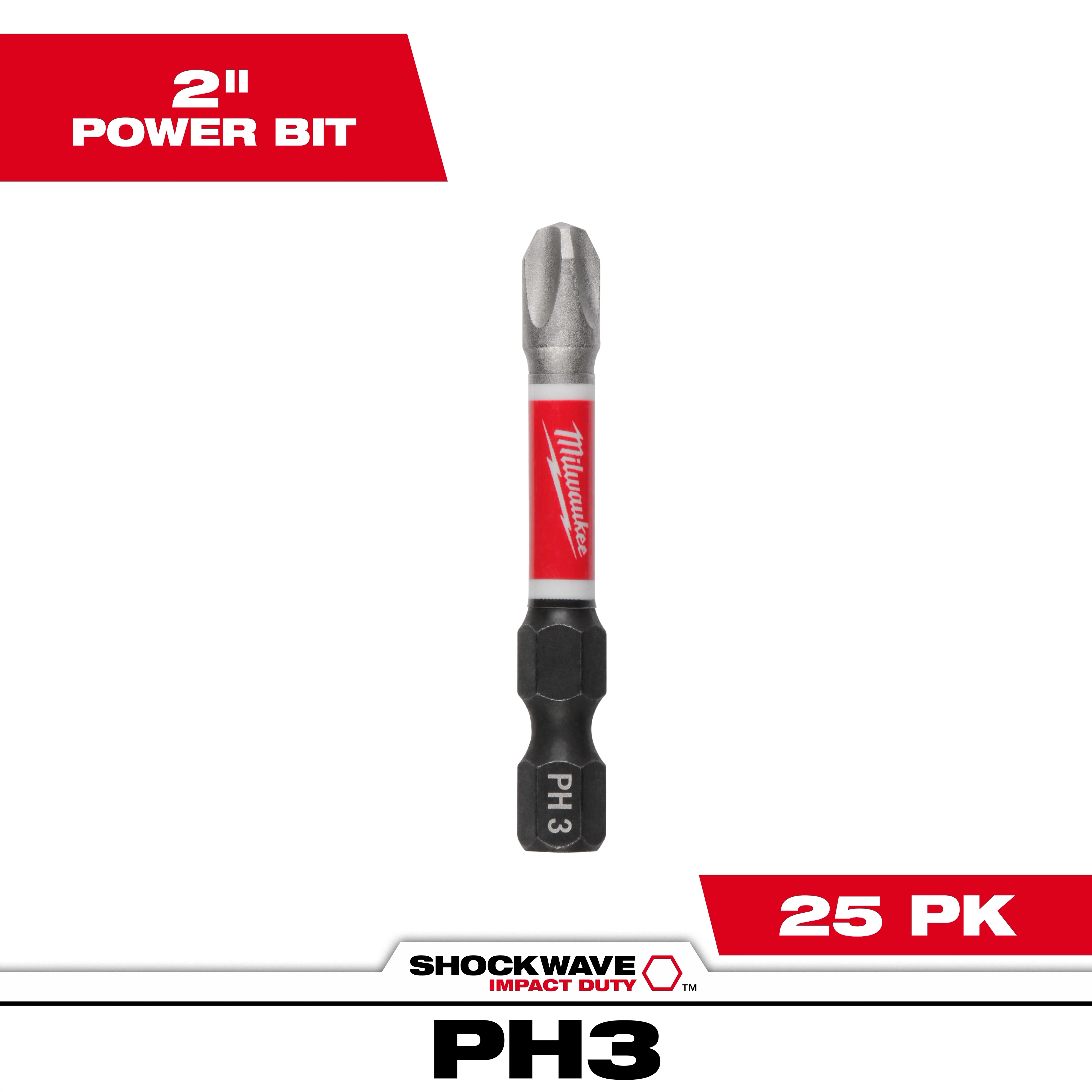 Image showing a single SHOCKWAVE™ 2” Impact Duty Phillips #3 Power Bit. The bit has a metallic tip, a red Milwaukee branded center section, and a black base marked "PH 3." The packaging indicates it is available as a bulk pack of 25.
