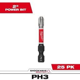 Image showing a single SHOCKWAVE™ 2” Impact Duty Phillips #3 Power Bit. The bit has a metallic tip, a red Milwaukee branded center section, and a black base marked "PH 3." The packaging indicates it is available as a bulk pack of 25.