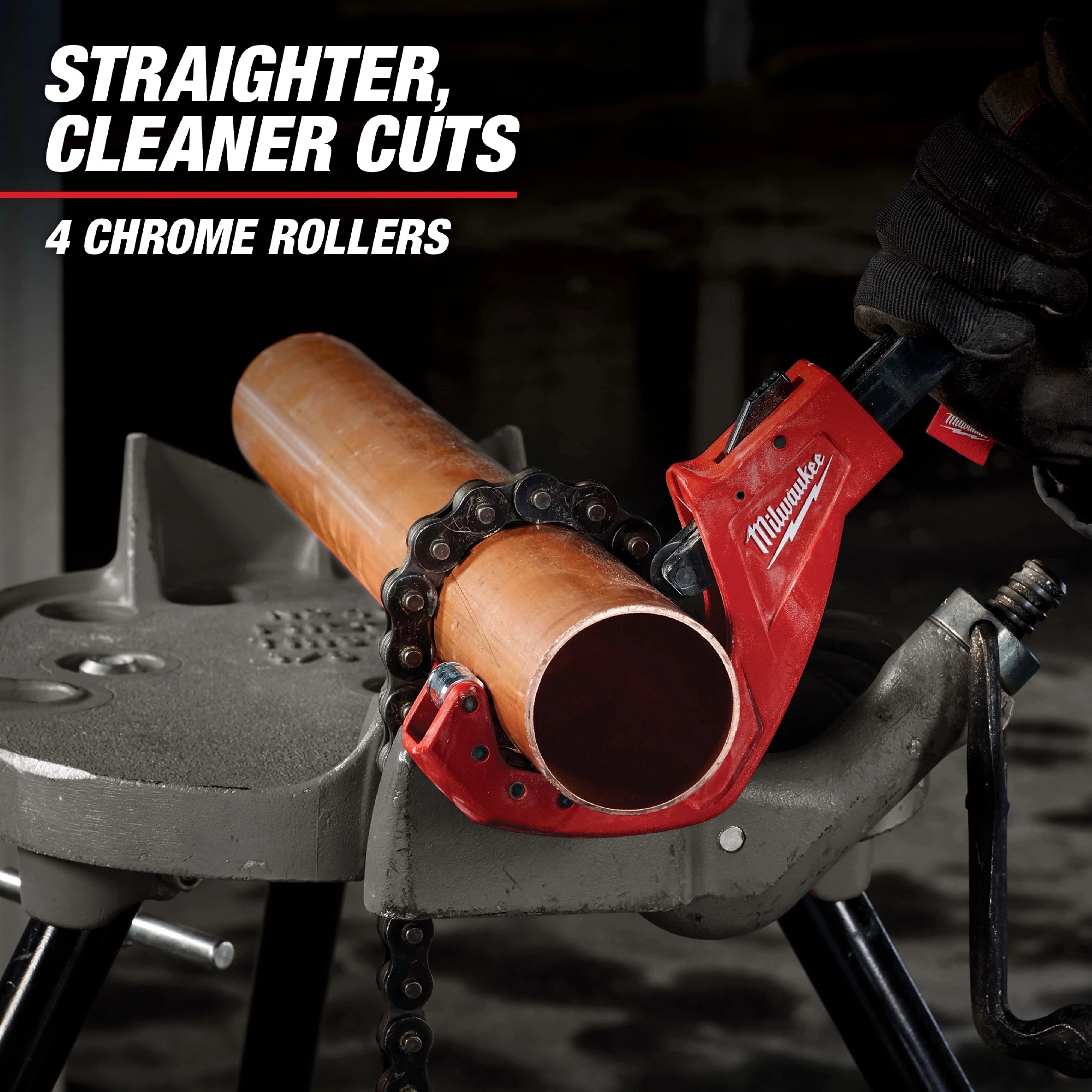 The Milwaukee Pipe Cutter is shown cutting a copper pipe. The tool is red and uses four chrome rollers for straighter, cleaner cuts. A gloved hand is operating the pipe cutter, which is clamped onto a gray workbench.
