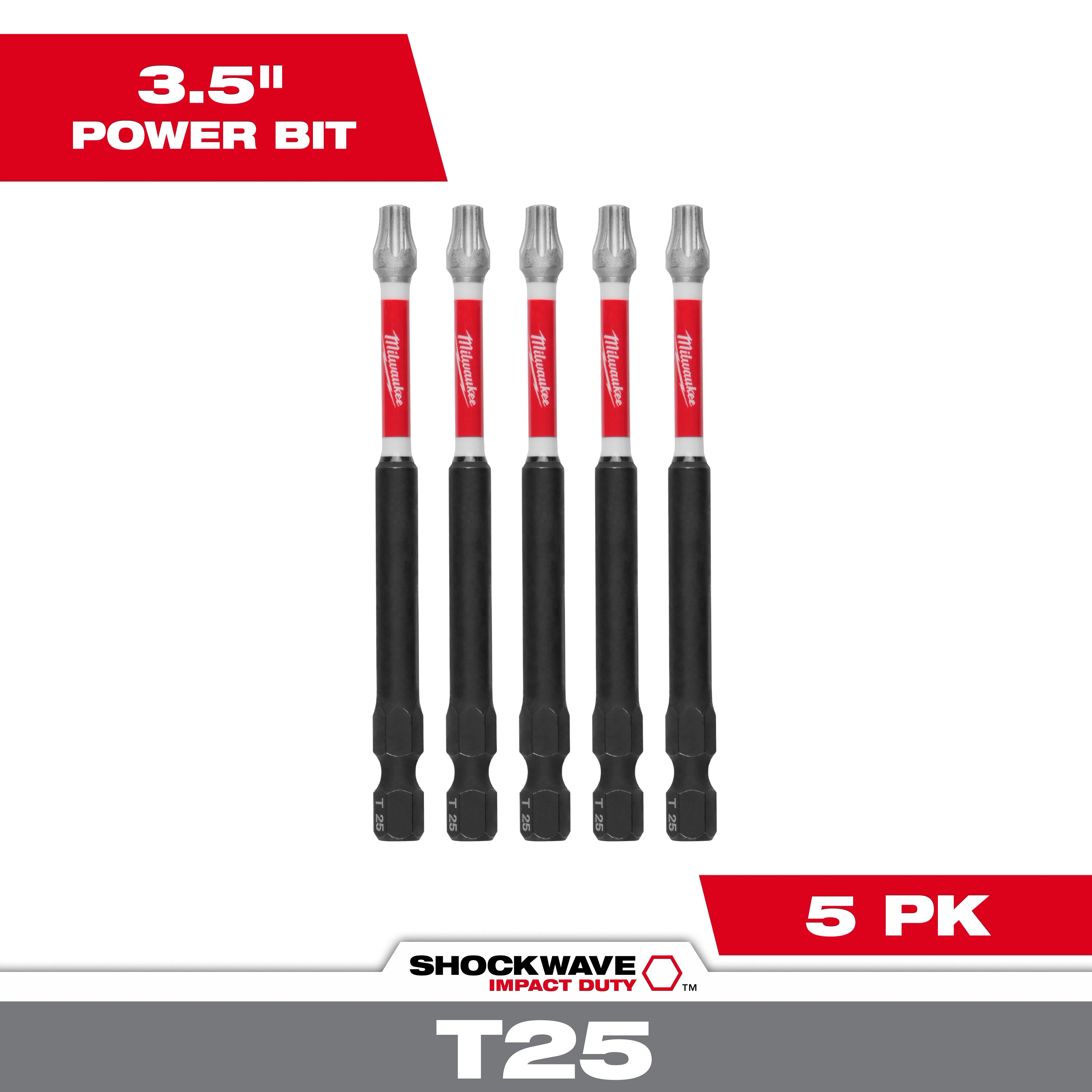 The image shows five SHOCKWAVE™ 3-1/2" Impact TORX® T25 Power Bits in a row. The bits are black and red with silver tips and are labeled 3.5" Power Bit and 5 PK. The SHOCKWAVE Impact Duty logo is visible at the bottom with a T25 marking.