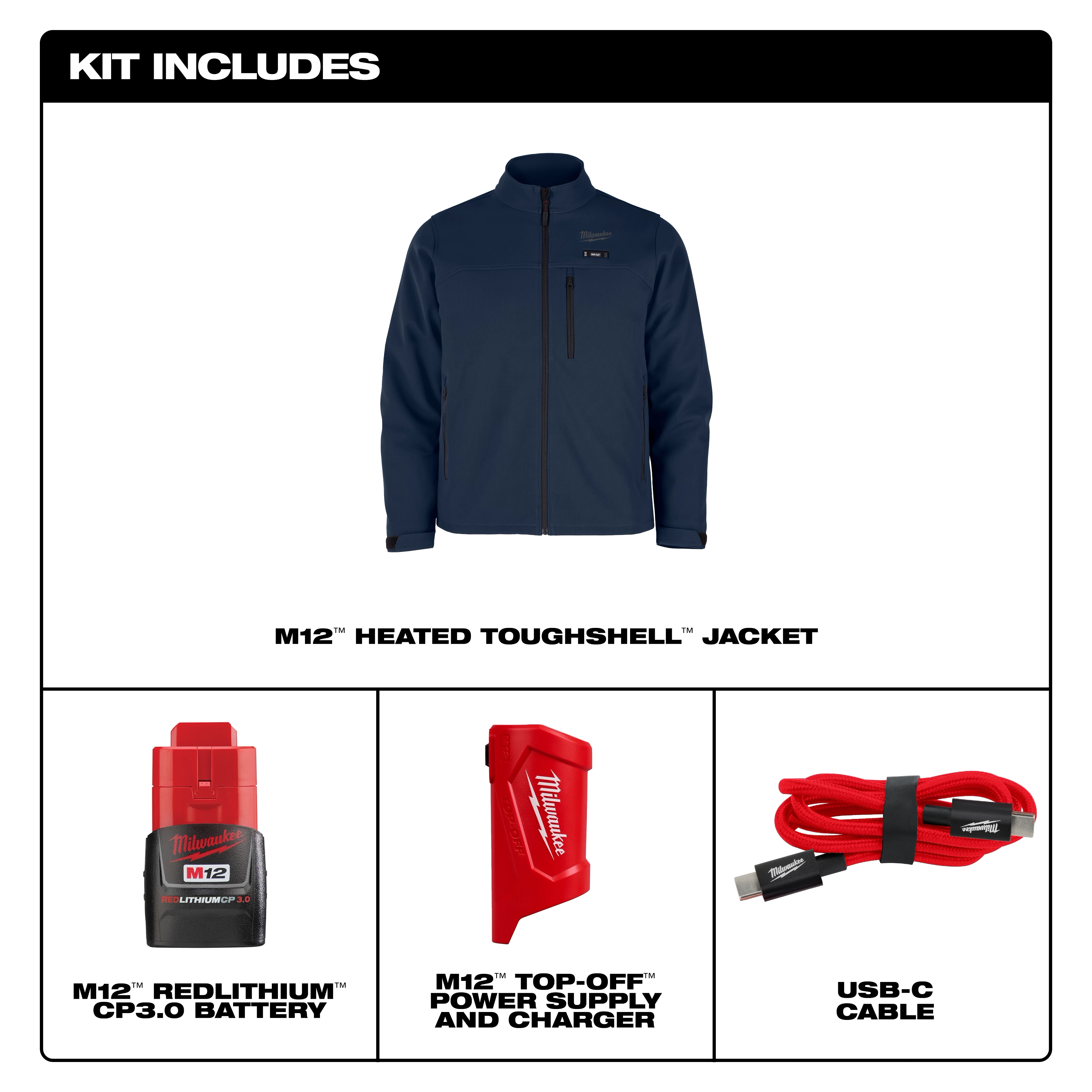 M12 Heated TOUGHSHELL Jacket in navy blue, along with an M12 REDLITHIUM CP3.0 battery, M12 top-off power supply and charger, and a USB-C cable.