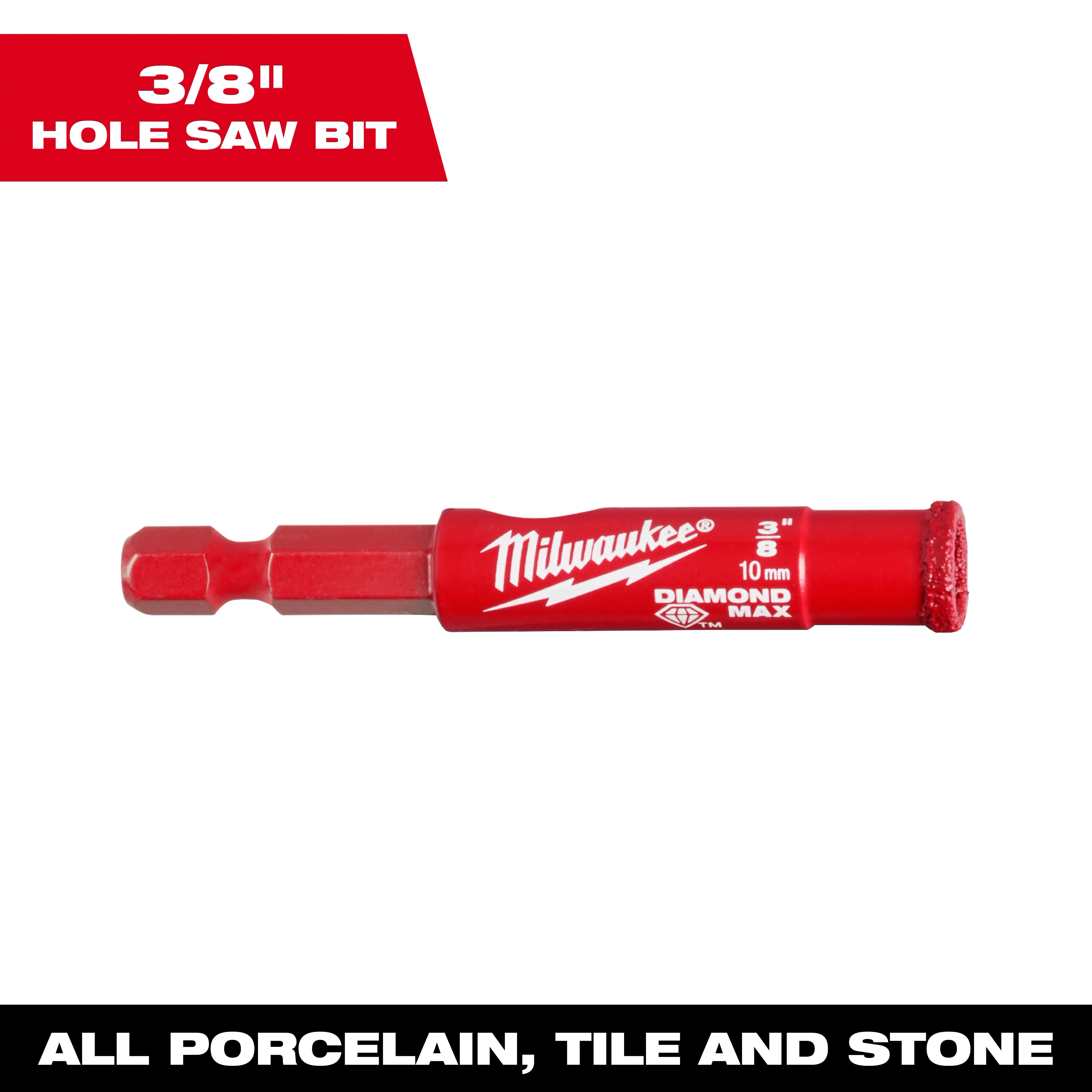 Milwaukee 3/8" Diamond Max Hole Saw for drilling in porcelain, tile, and stone. Red with brand name and specifications printed.
