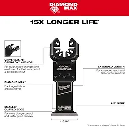 The image shows the OPEN-LOK™ DIAMOND MAX™ Diamond Grit Grout Removal Multi-Tool Plunge Blade. Features include a universal fit OPEN-LOK™ anchor for quick blade changes, extended length, 1/8" kerf, smaller curved edge for better control, and a diamond grit surface for longer life in grout removal.