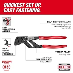 The 10" Pliers Wrench features self-tightening jaws, fast ratcheting action, wide range at all positions, and quick ID size markings.