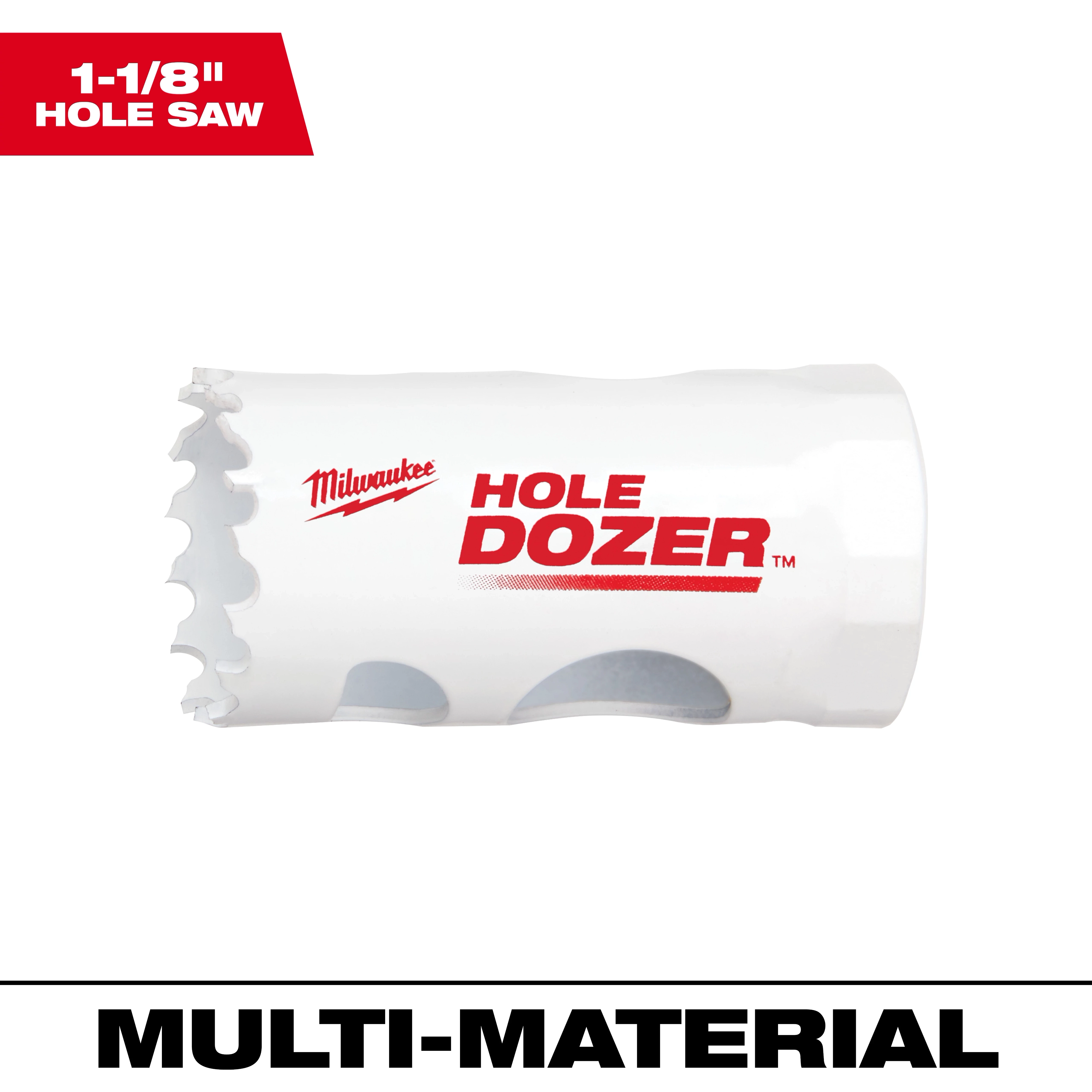 1-1/8" Hole Dozer Bi-Metal Hole Saw with white body and red text, designed for multi-material cutting applications.