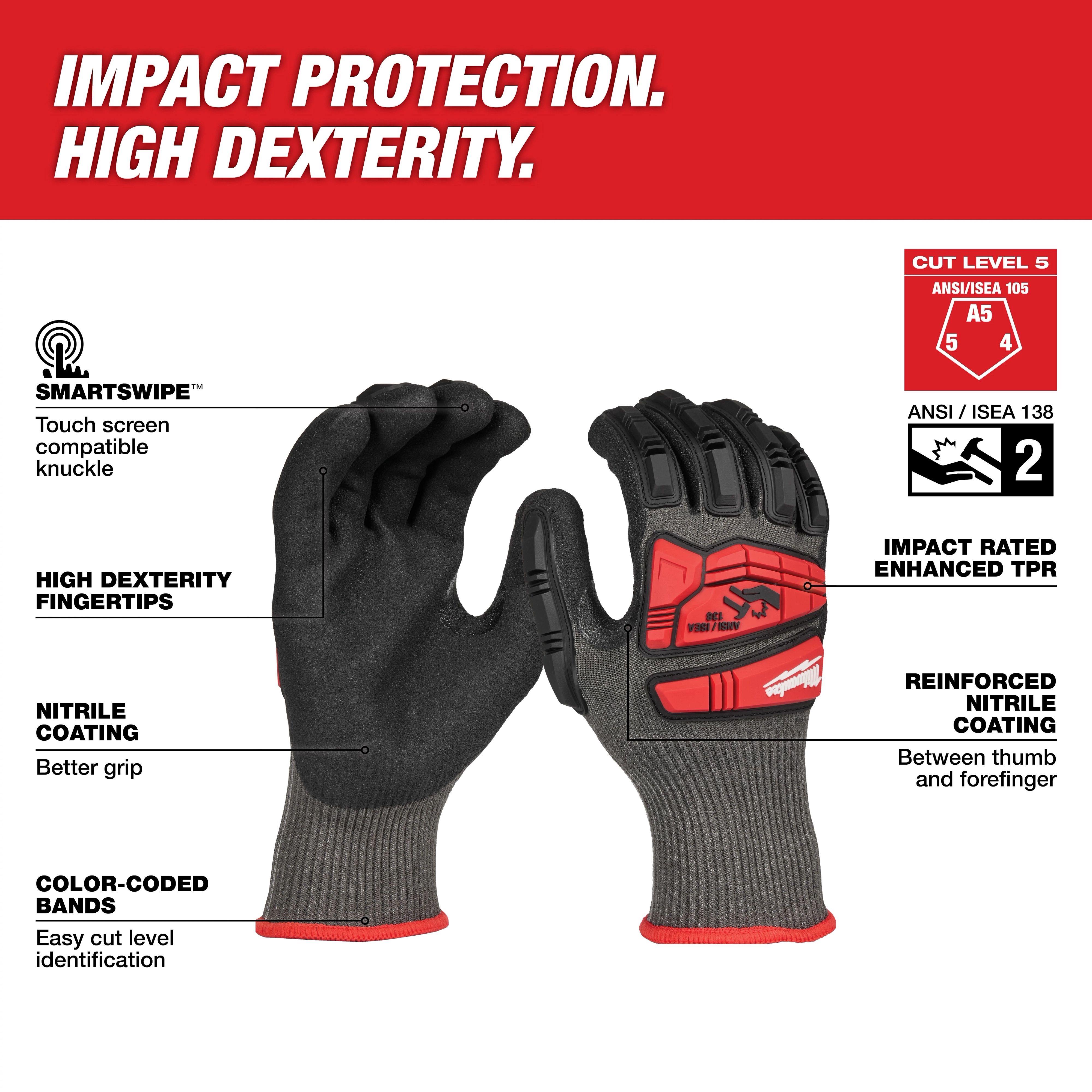 IMPACT CUT 5 NITRILE DIP GLOVE features impact protection, high dexterity, touch screen compatible knuckle, and nitrile coating for better grip.