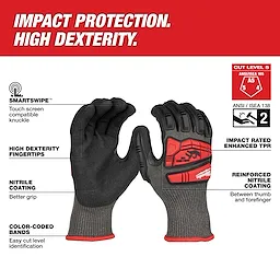 IMPACT CUT 5 NITRILE DIP GLOVE features impact protection, high dexterity, touch screen compatible knuckle, and nitrile coating for better grip.