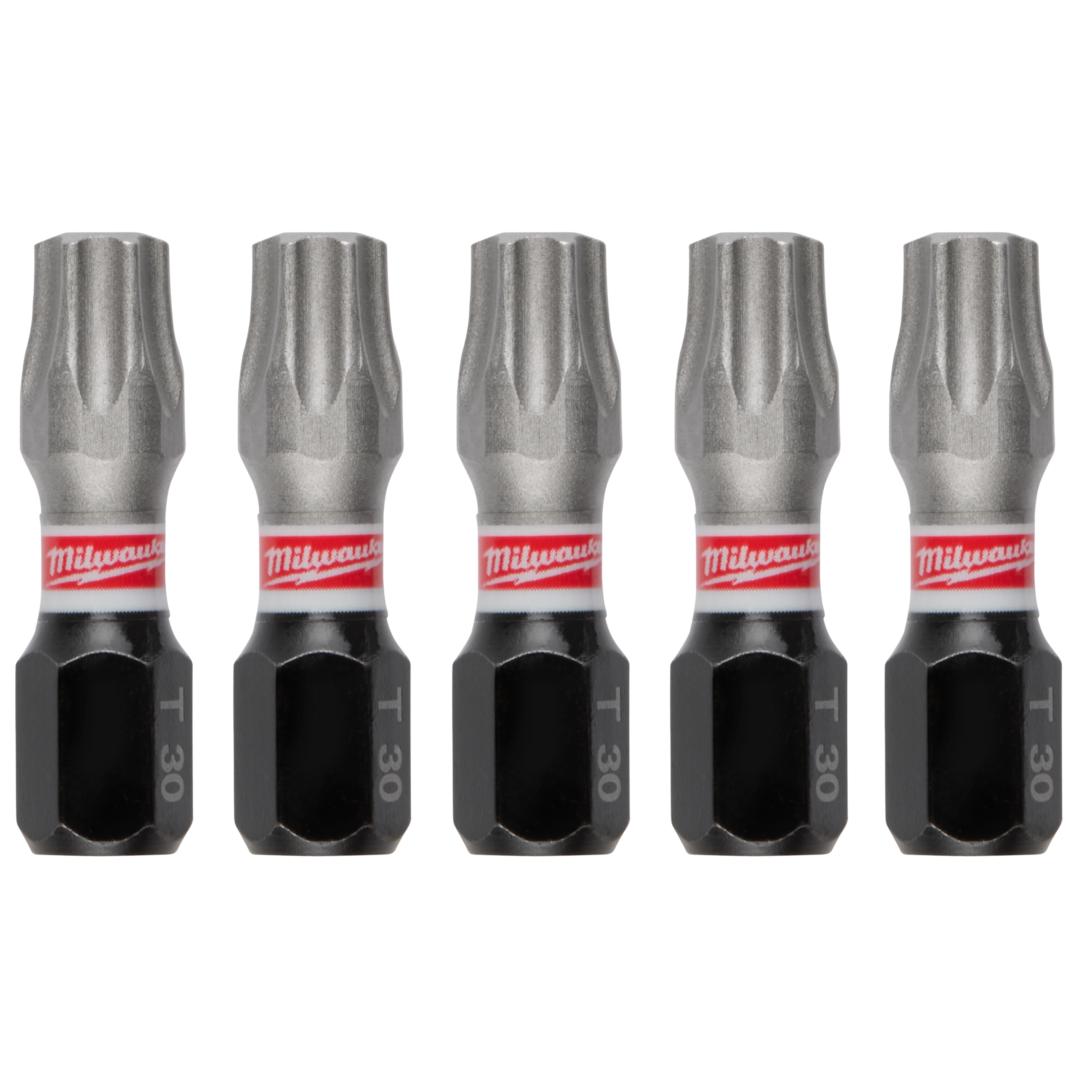 This image shows five SHOCKWAVE™ 1" Impact TORX® T30 Insert Bits (5 PK) aligned vertically. The bits have a hexagonal base with a black finish labeled "T30" and a silver, grooved tip for TORX screws.