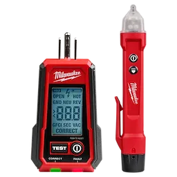 Digital GFCI Receptacle Tester and Voltage Detector with LED, featuring a red and black design, digital display, and test buttons.