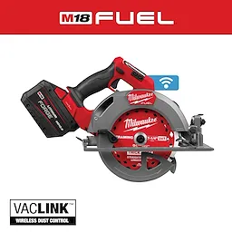 The M18 FUEL™ 7-1/4" Circular Saw w/ ONE-KEY™ is a red and black power tool featuring a metal blade guard and ergonomic handle. It includes wireless dust control (VACLINK™) and Bluetooth connectivity, indicated by the icon.
