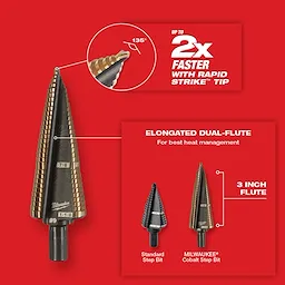 Milwaukee Cobalt Step Bits Image Reel features a step drill bit with a 135-degree tip angle, dual-flute design for heat management, and a 3-inch flute. It promises up to 2x faster drilling with a Rapid Strike tip.