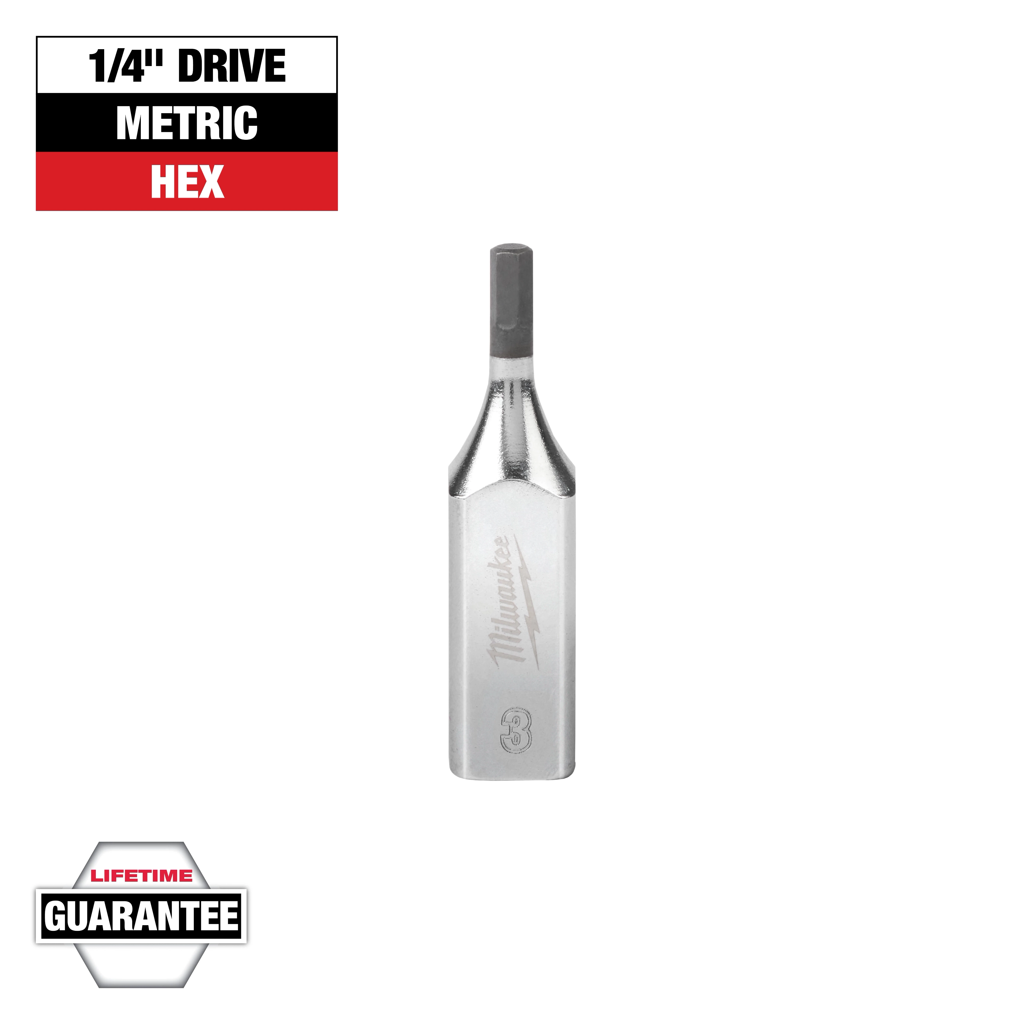 The image shows a Milwaukee 1/4" drive metric hex bit with a "Lifetime Guarantee" label. The bit is silver with the Milwaukee logo engraved on it. A red, black, and white graphic indicates its size and metric measurement.
