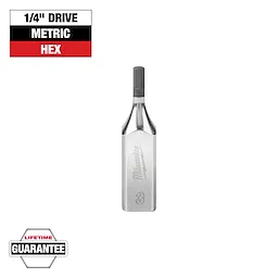 The image shows a Milwaukee 1/4" drive metric hex bit with a "Lifetime Guarantee" label. The bit is silver with the Milwaukee logo engraved on it. A red, black, and white graphic indicates its size and metric measurement.