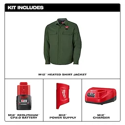 M12 Shirt Jacket - Green S-3X displayed with matching battery, power supply, and charger in a kit layout.