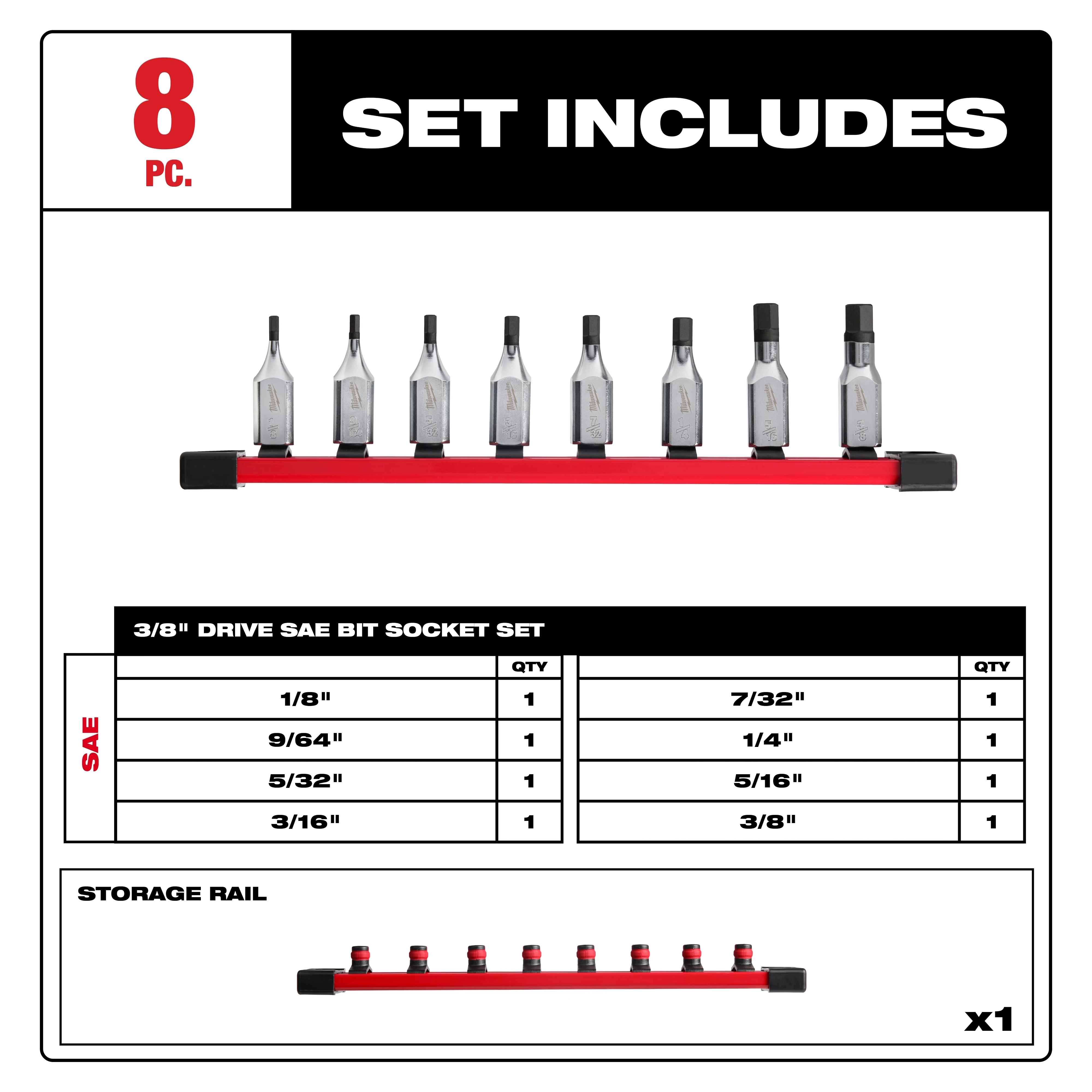 8pc 3/8” Drive Hex Bit Socket Set - SAE