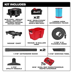 The image shows the kit contents of the M18 FUEL™ NEXUS™ 9 Gallon Dual-Battery Wet/Dry Vacuum. Included are the vacuum motor head, two batteries, a filter, a cart, a 9-gallon tank, a flexible hose, two extension wands, a crevice tool, a utility nozzle, and a rapid charger.
