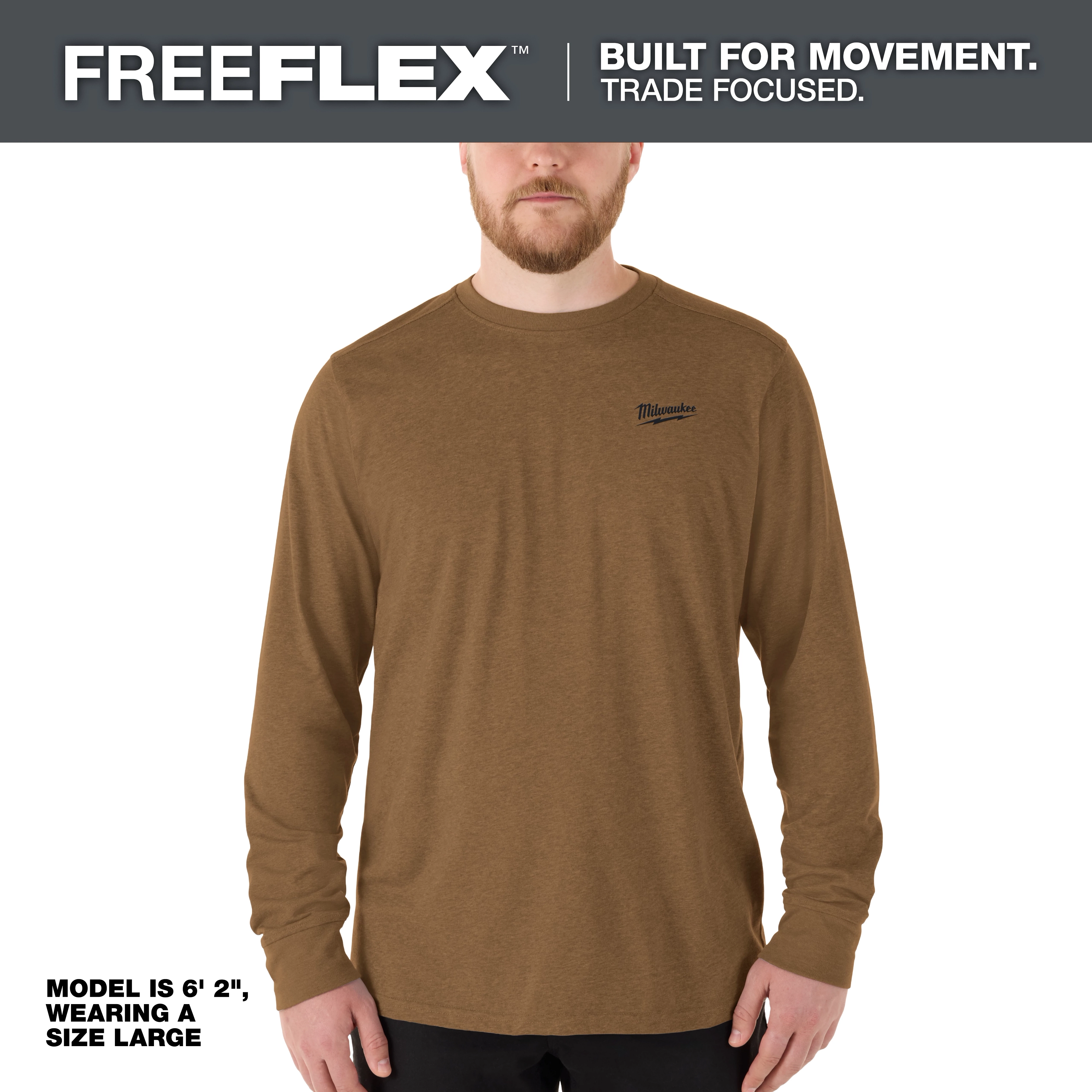 The FREEFLEX Hybrid Work Tee - Long Sleeve is shown in brown, worn by a model who is 6'2" and wearing a size large.