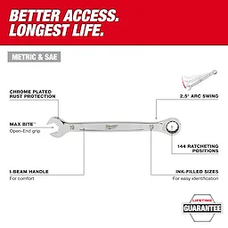 The Master Mechanics Hand Tool Set with PACKOUT™ Drawers features chrome-plated rust protection, Max Bite™ open-end grip, an I-beam handle for comfort, ink-filled sizes for identification, and 144 ratcheting positions with a 2.5° arc swing. The set offers both metric and SAE sizes and comes with a lifetime guarantee.