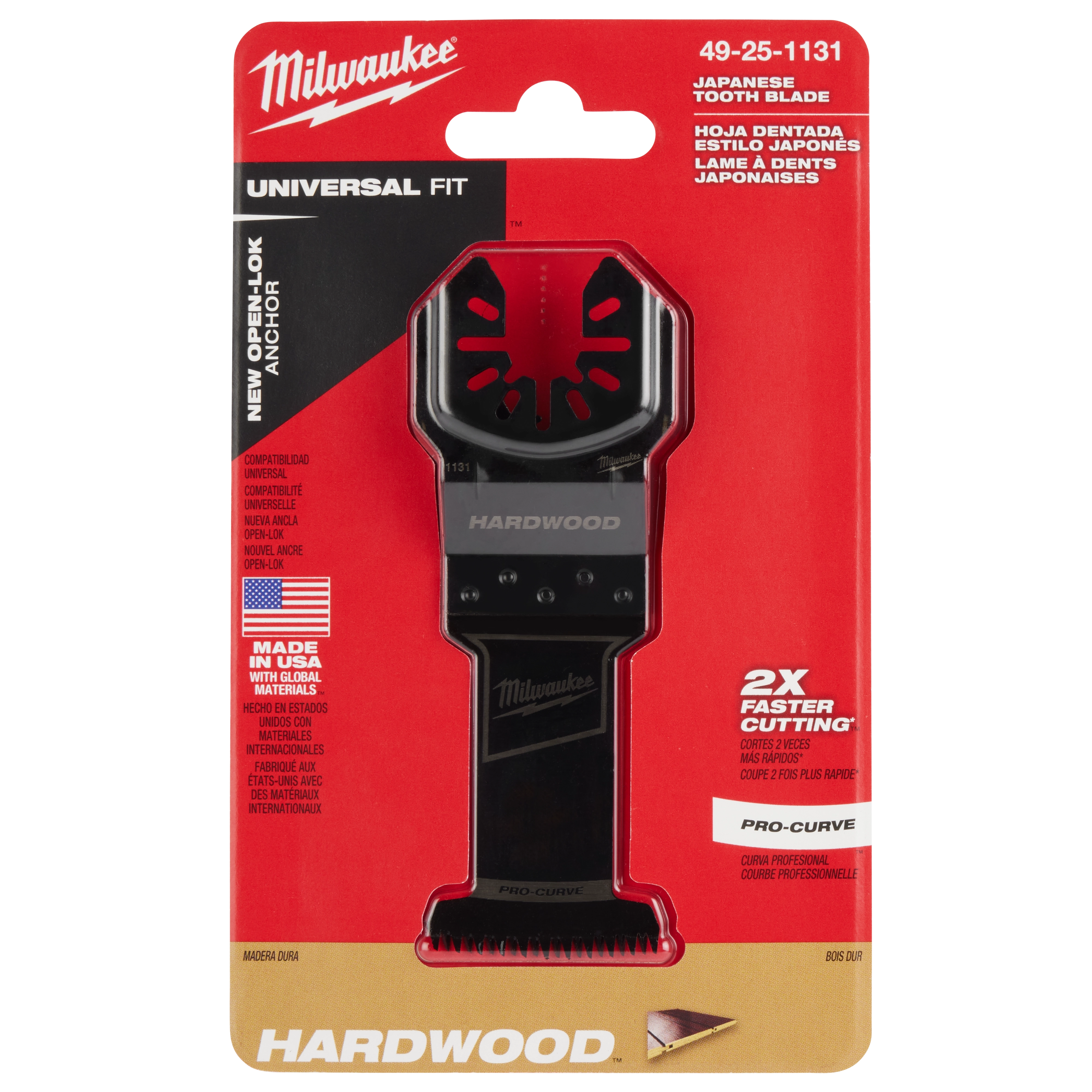 MILWAUKEE OPEN-LOK 1-3/8" HCS Japanese Tooth PRO-CURVE Hardwood Multi-Tool Blade, displayed in original red and black packaging.