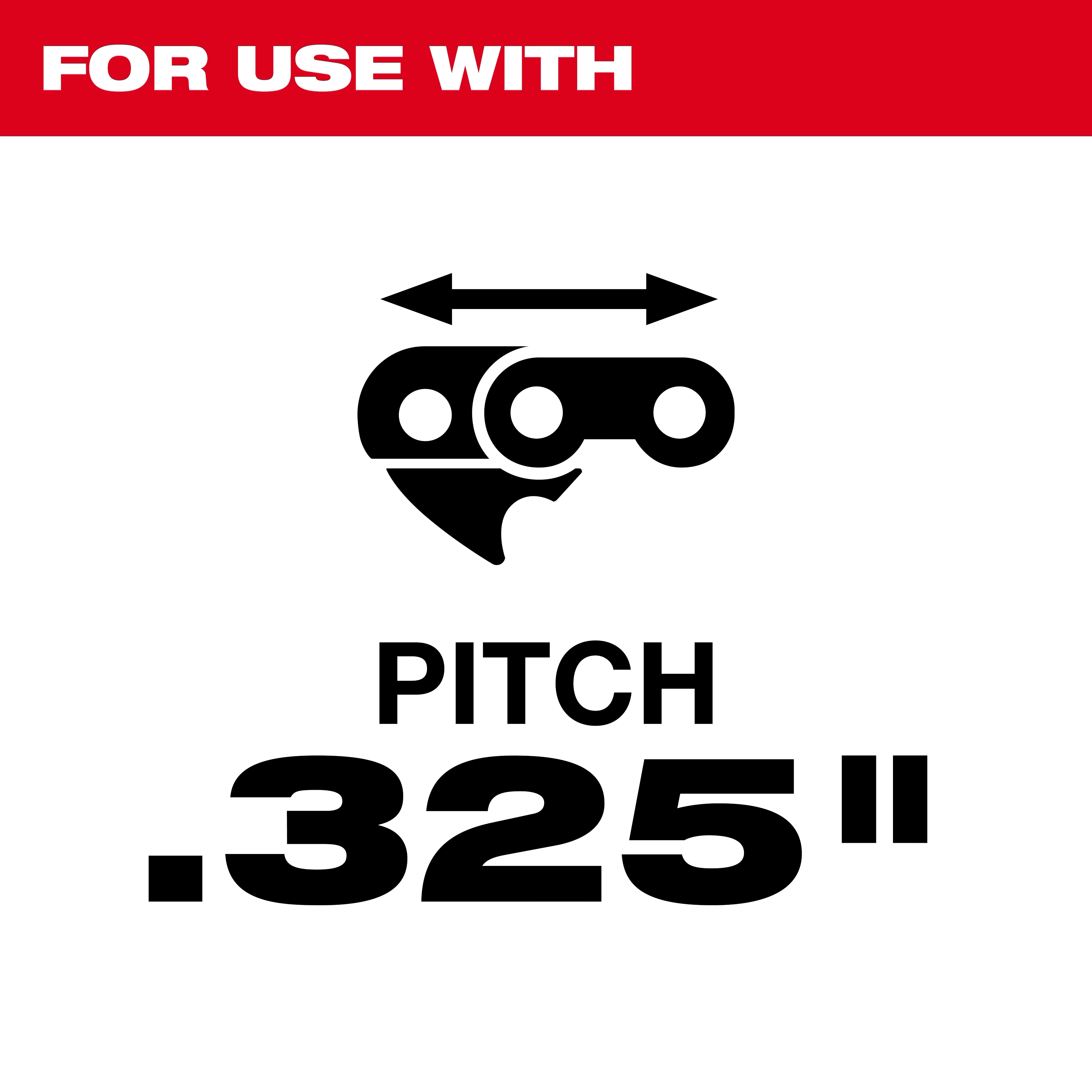 The image features text "For use with pitch .325", along with an icon of a saw chain. The product 3/16” Round File for Saw Chain 6 PK is suitable for saw chains with a .325-inch pitch. The background is white with red and black text.