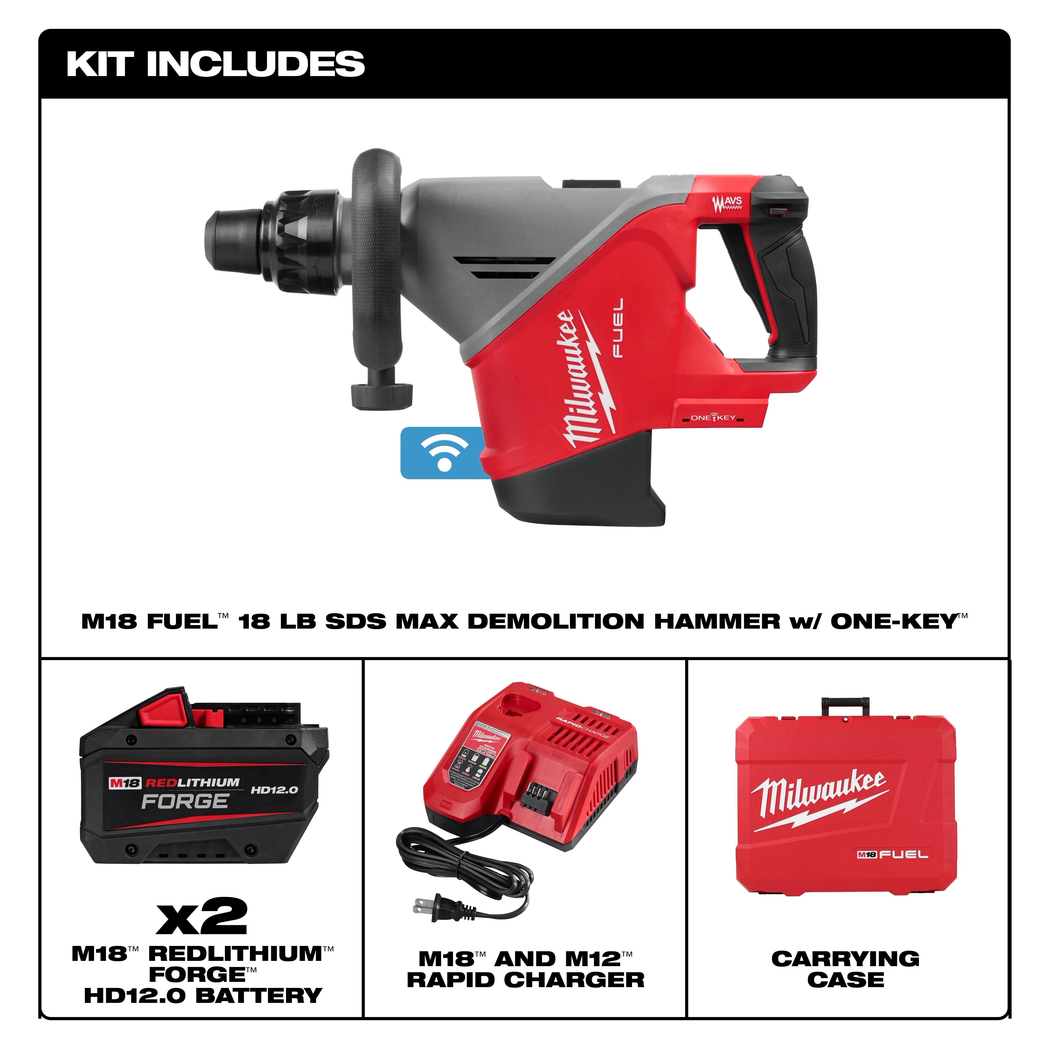 M18 FUEL 18 lb SDS MAX Demolition Hammer Kit w/ ONE-KEY with batteries, charger, and carrying case displayed.