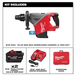 M18 FUEL 18 lb SDS MAX Demolition Hammer Kit w/ ONE-KEY with batteries, charger, and carrying case displayed.