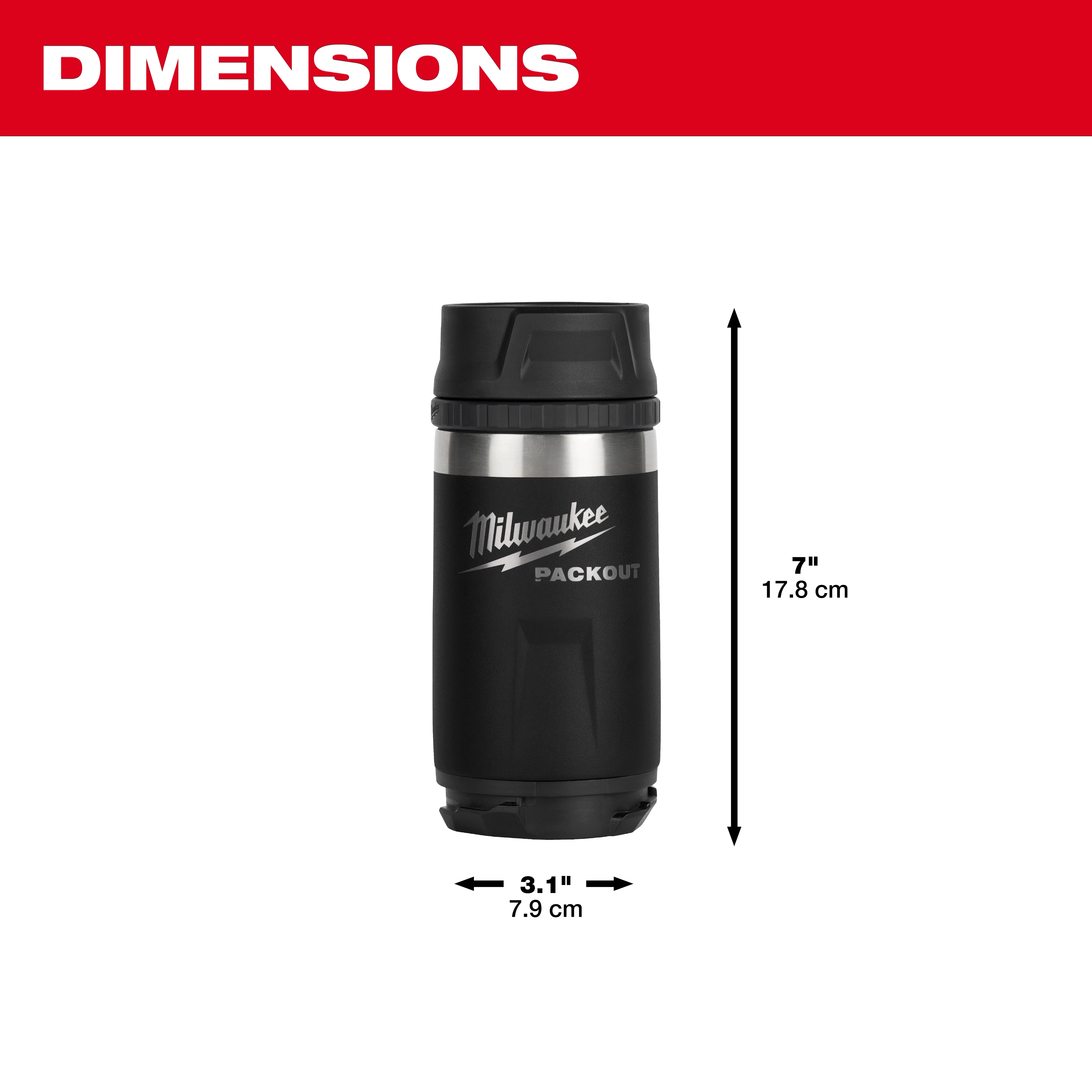Black insulated bottle with sip lid from PACKOUT, measuring 7 inches tall and 3.1 inches in diameter, capacity of 12 oz.