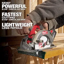 The M18 FUEL™ 5-Tool Combo Kit features a user operating a circular saw with text highlighting its powerful, fast cutting, and lightweight design. The user is cutting through a wooden plank.