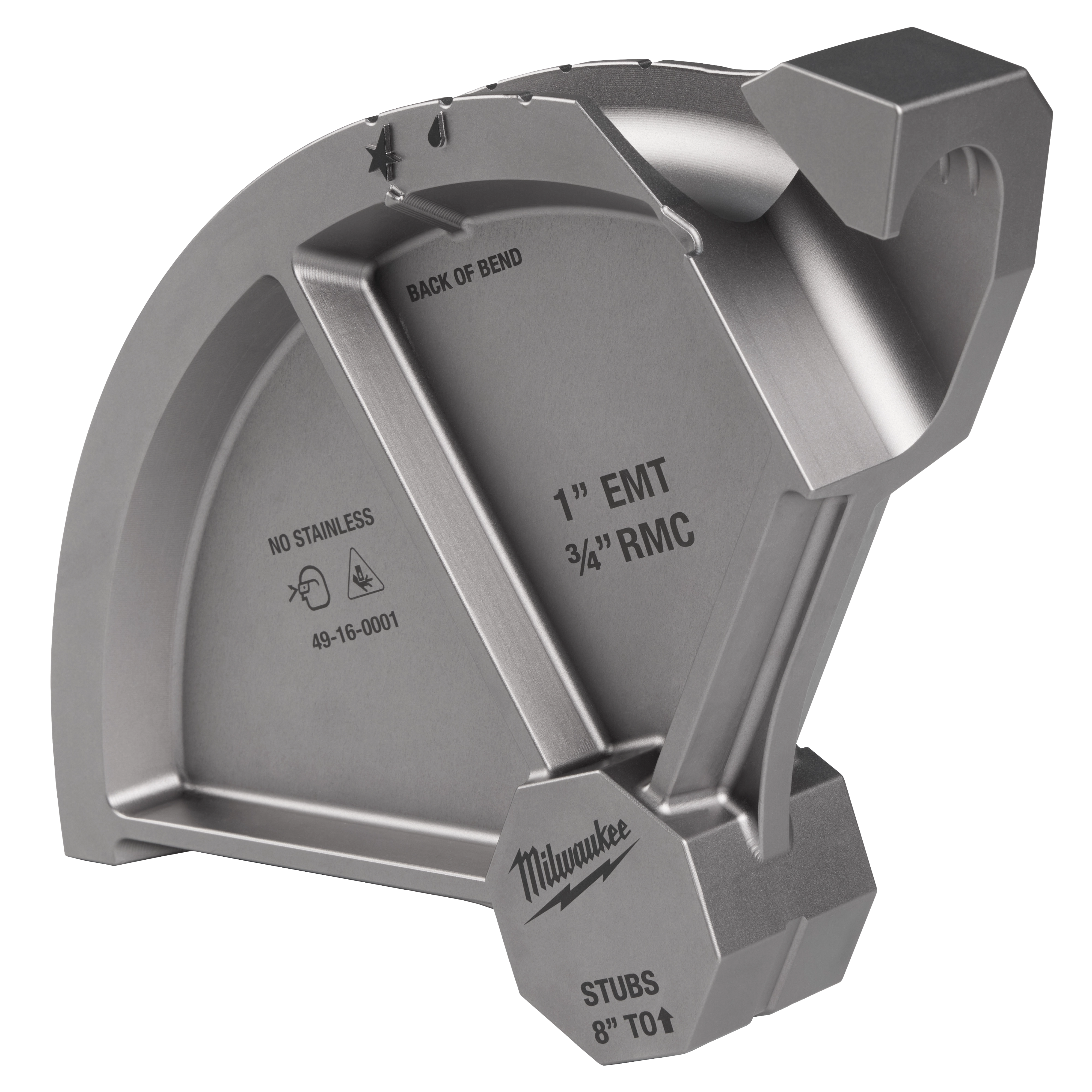 The image shows a Milwaukee conduit bender head for 1" EMT and 3/4" RMC tubing. It has markings for "Back of Bend" and "Stubs 8" to Arrow." The number 49-16-0001 and "NO STAINLESS" are etched on it.
