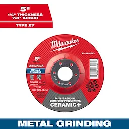 5" x 1/4" x 7/8" Ceramic+ Metal Grinding Wheel - Type 27 for grinding metal and stainless steel, with a maximum RPM of 12,250.