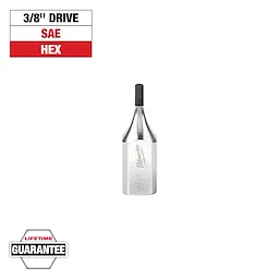 Image of a 3/8-inch drive SAE hex bit socket by Milwaukee, with a silver finish and black hex tip. The socket comes with a lifetime guarantee. Labels "3/8" Drive," "SAE," and "HEX" appear at the top left corner.