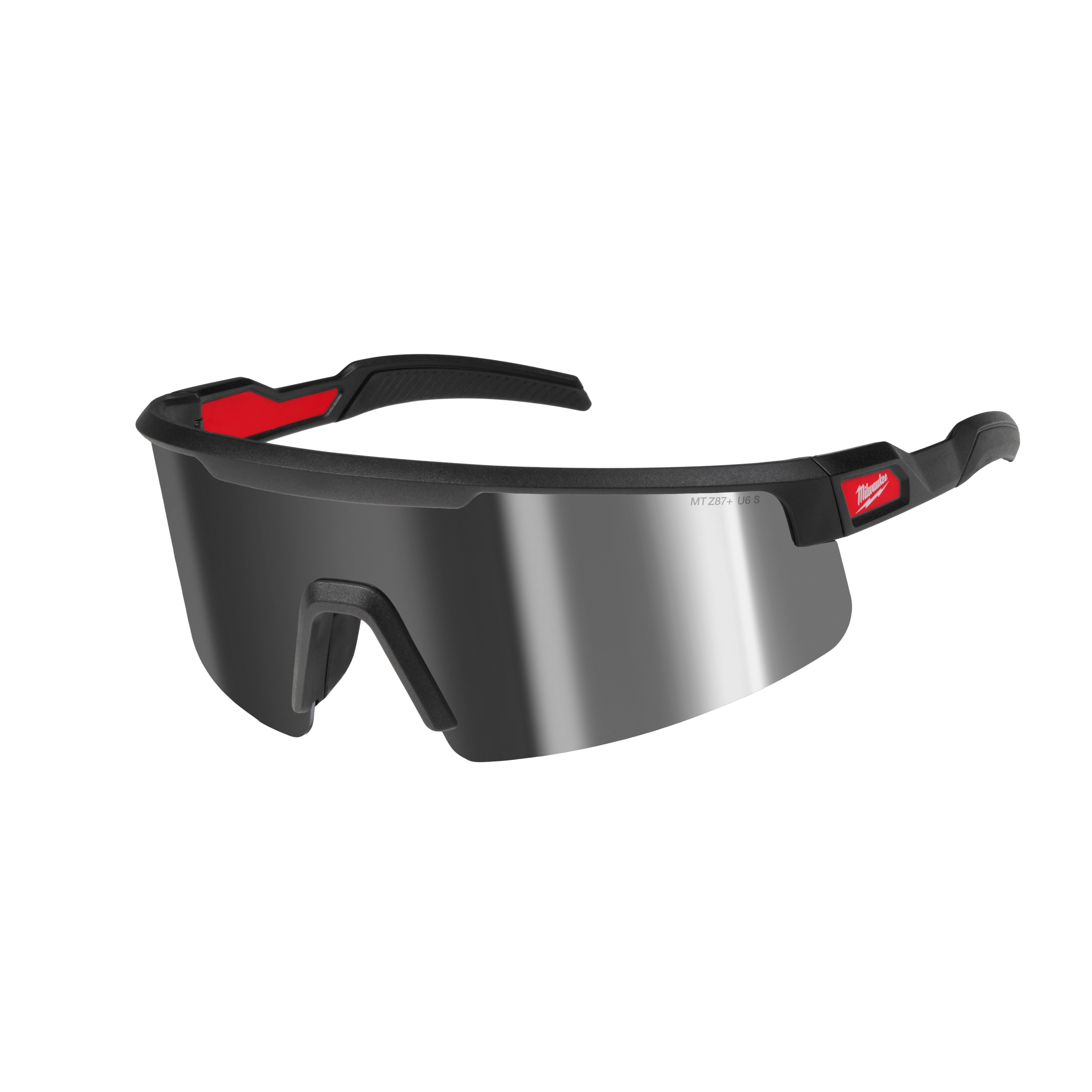 Wrap Around Safety Glasses feature mirrored anti-scratch lenses. The design includes a black frame with red accents, providing full eye coverage and protection. The glasses are sleek and modern, suited for both work and recreational use.