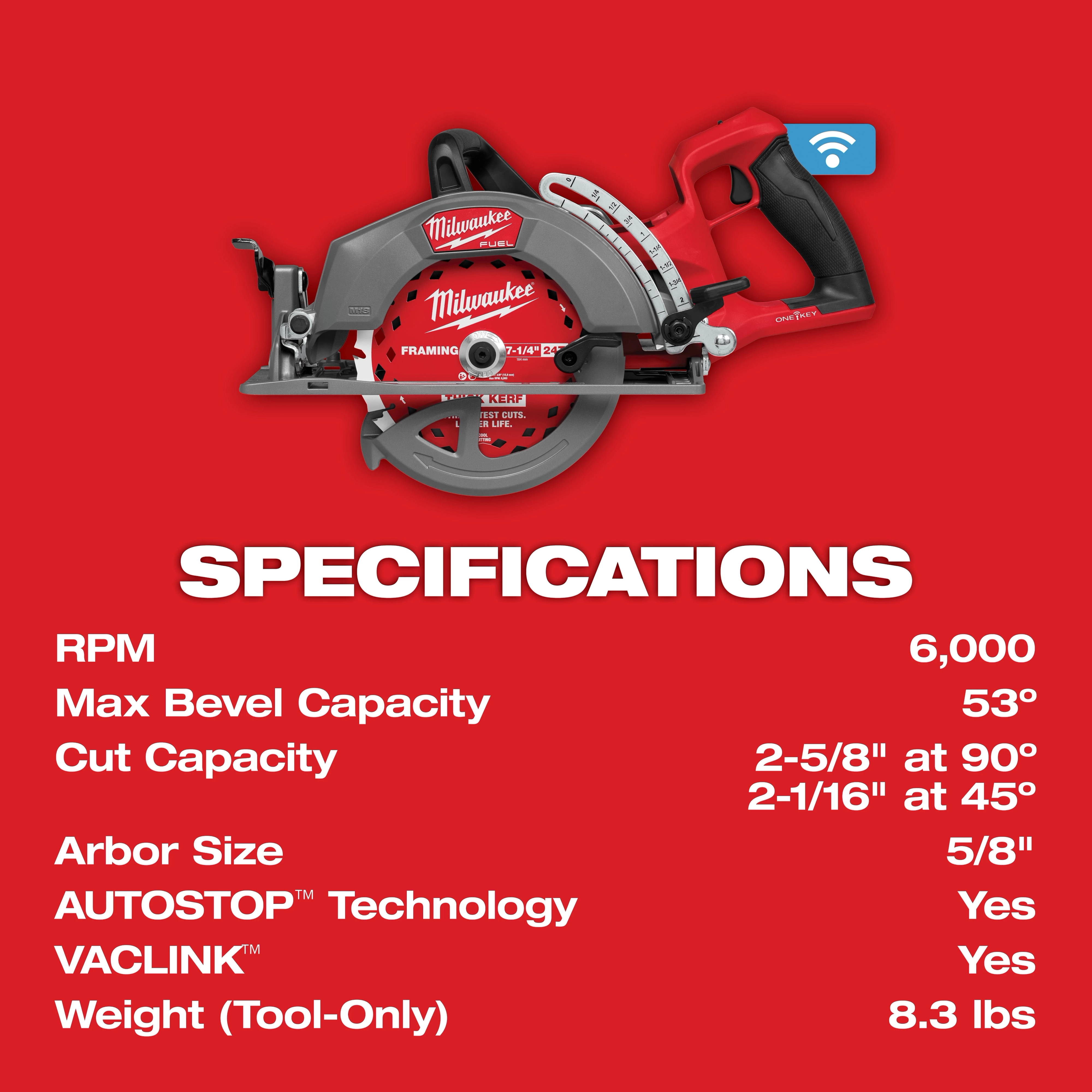 M18 FUEL 7-1/4" Rear Handle Circular Saw w/ONE-KEY on red background; specifications listed below the saw include RPM 6000, max bevel capacity 53°.