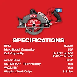 M18 FUEL 7-1/4" Rear Handle Circular Saw w/ONE-KEY on red background; specifications listed below the saw include RPM 6000, max bevel capacity 53°.
