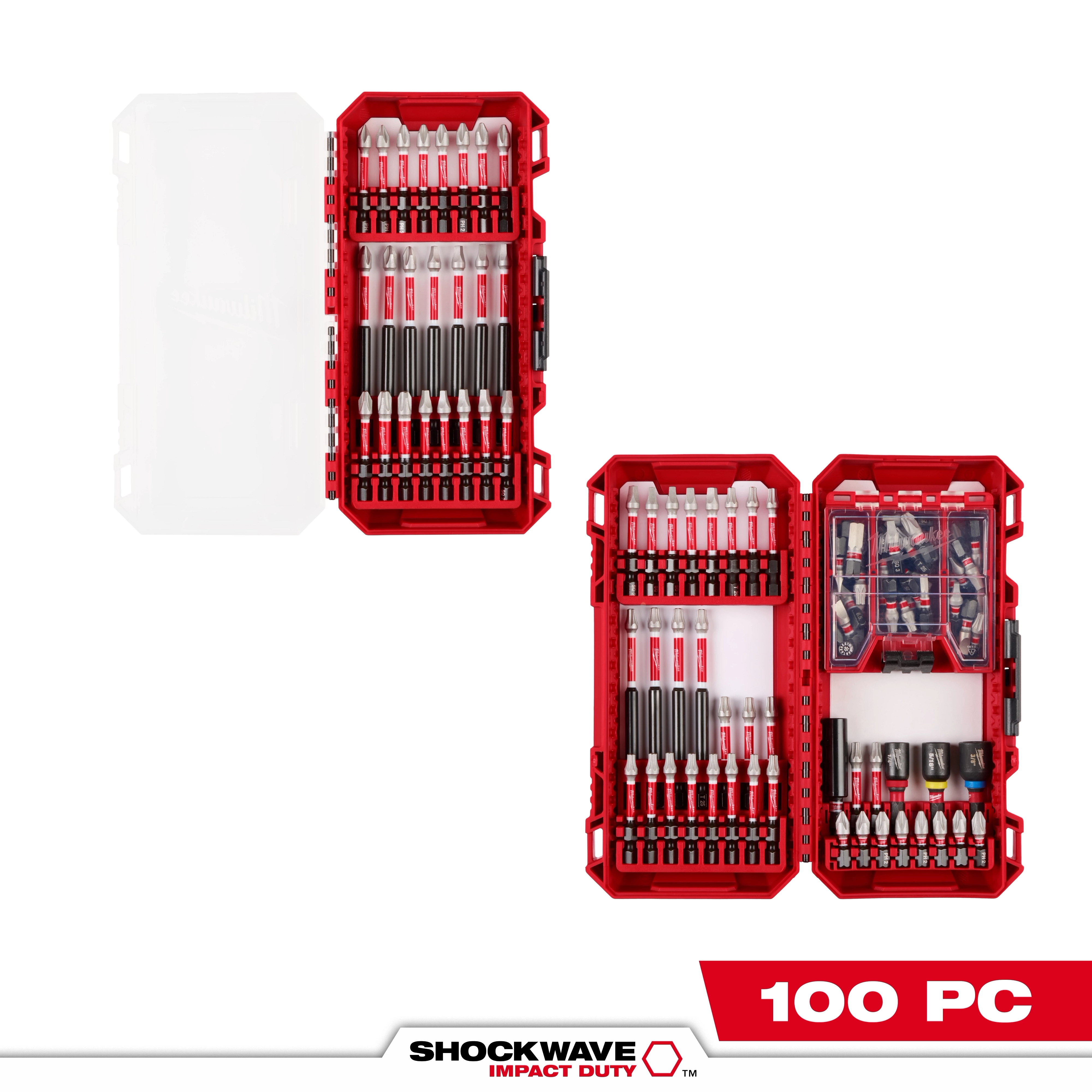 The image shows the SHOCKWAVE™ Impact Duty Driver Bit Set - 34PC, which includes various bits organized in a red plastic case, featuring a transparent lid. The set aims for durability with impact-resistant pieces. Marketing text at the bottom highlights 100 pieces total, though the product name specifies 34 pieces.