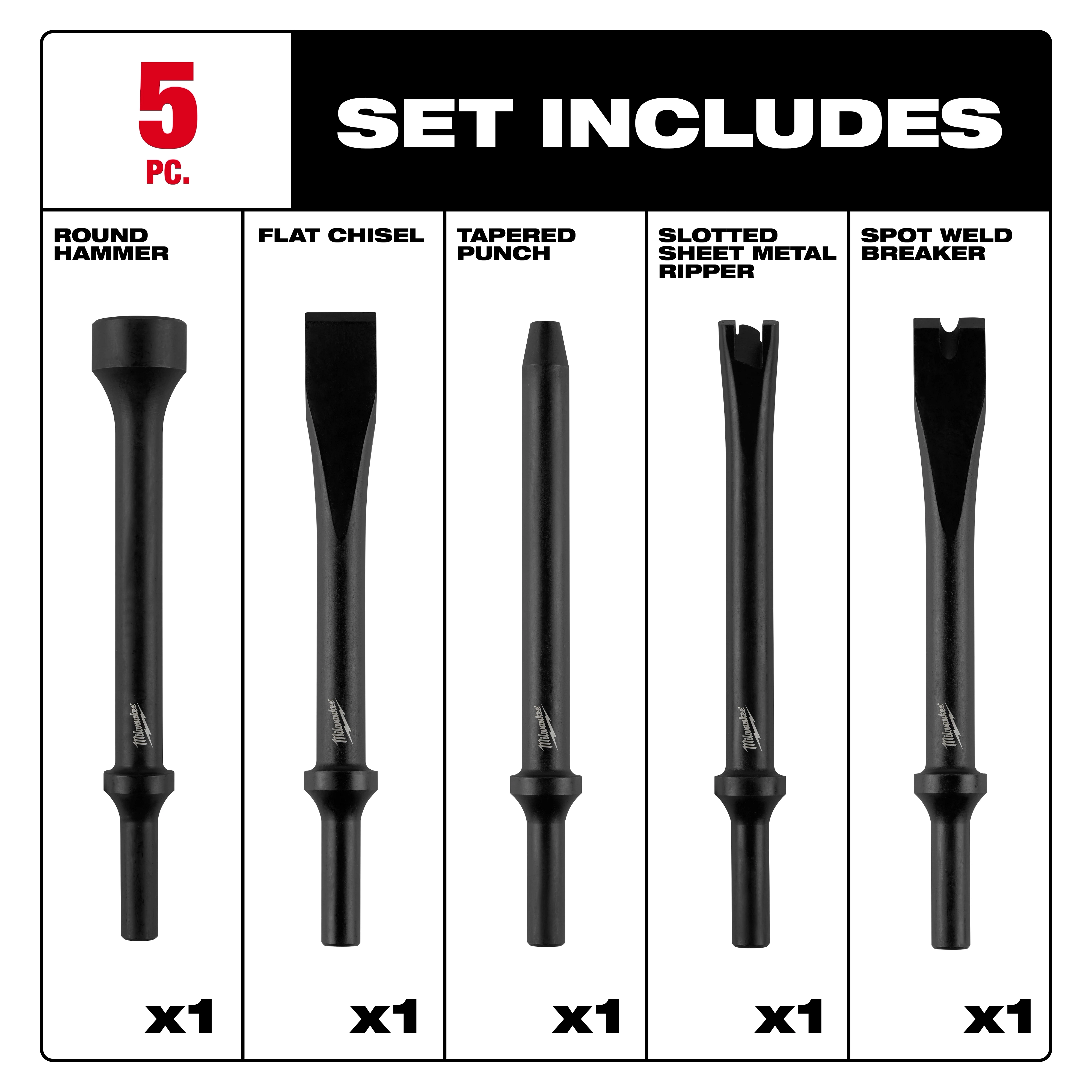 5PC Hammer Chisel Bit Set with five black bits: round hammer, flat chisel, tapered punch, ripper, and spot weld breaker.