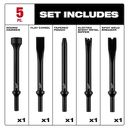 5PC Hammer Chisel Bit Set with five black bits: round hammer, flat chisel, tapered punch, ripper, and spot weld breaker.