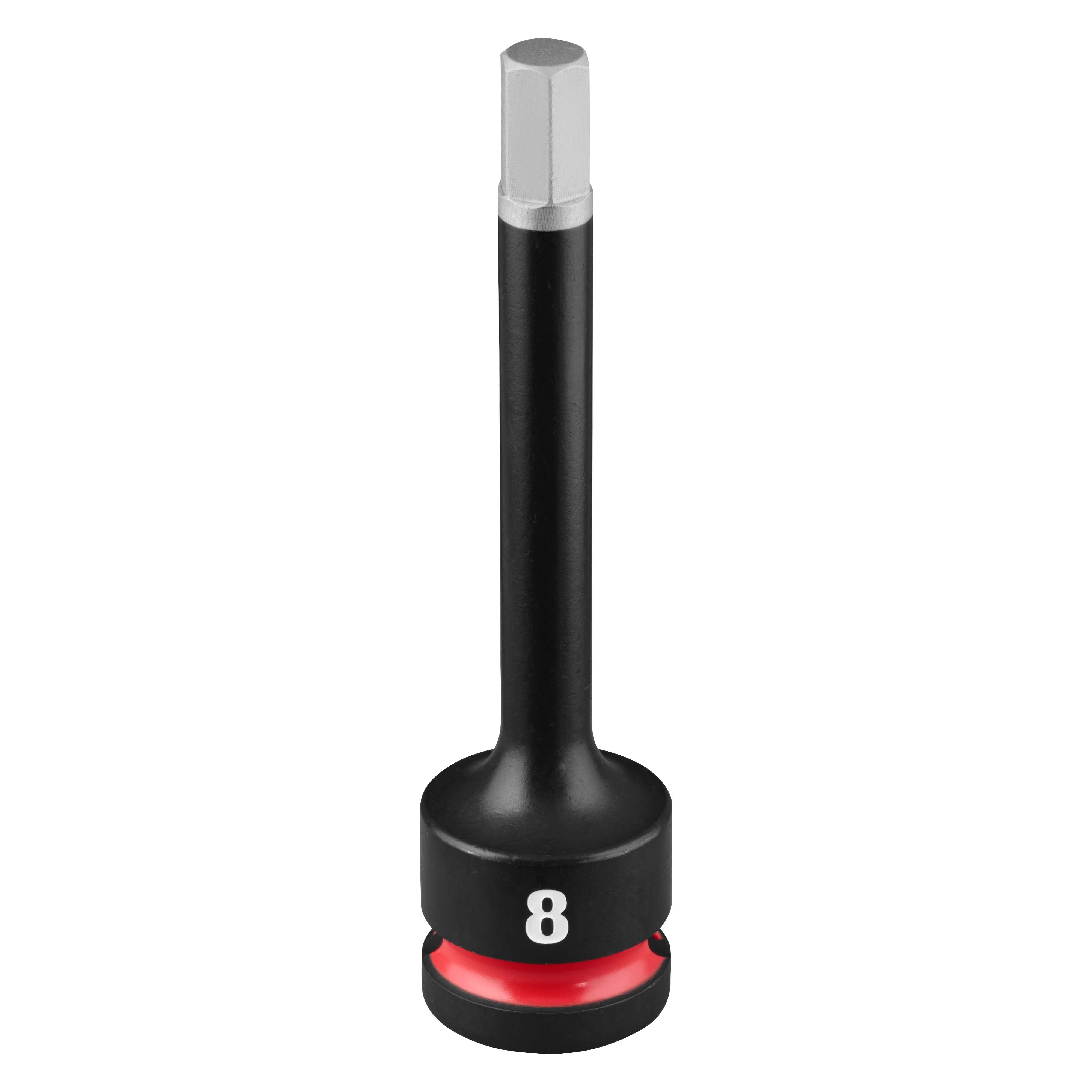 SHOCKWAVE Impact Duty 1/2" Drive 4" Hex 8mm Bit Socket standing upright with an 8 marking and red band near the base.