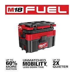 M18 FUEL PACKOUT 2.5 Gallon Wet/Dry Vacuum in red and black, offering up to 60% more suction, unmatched mobility, and is up to 2x quieter.