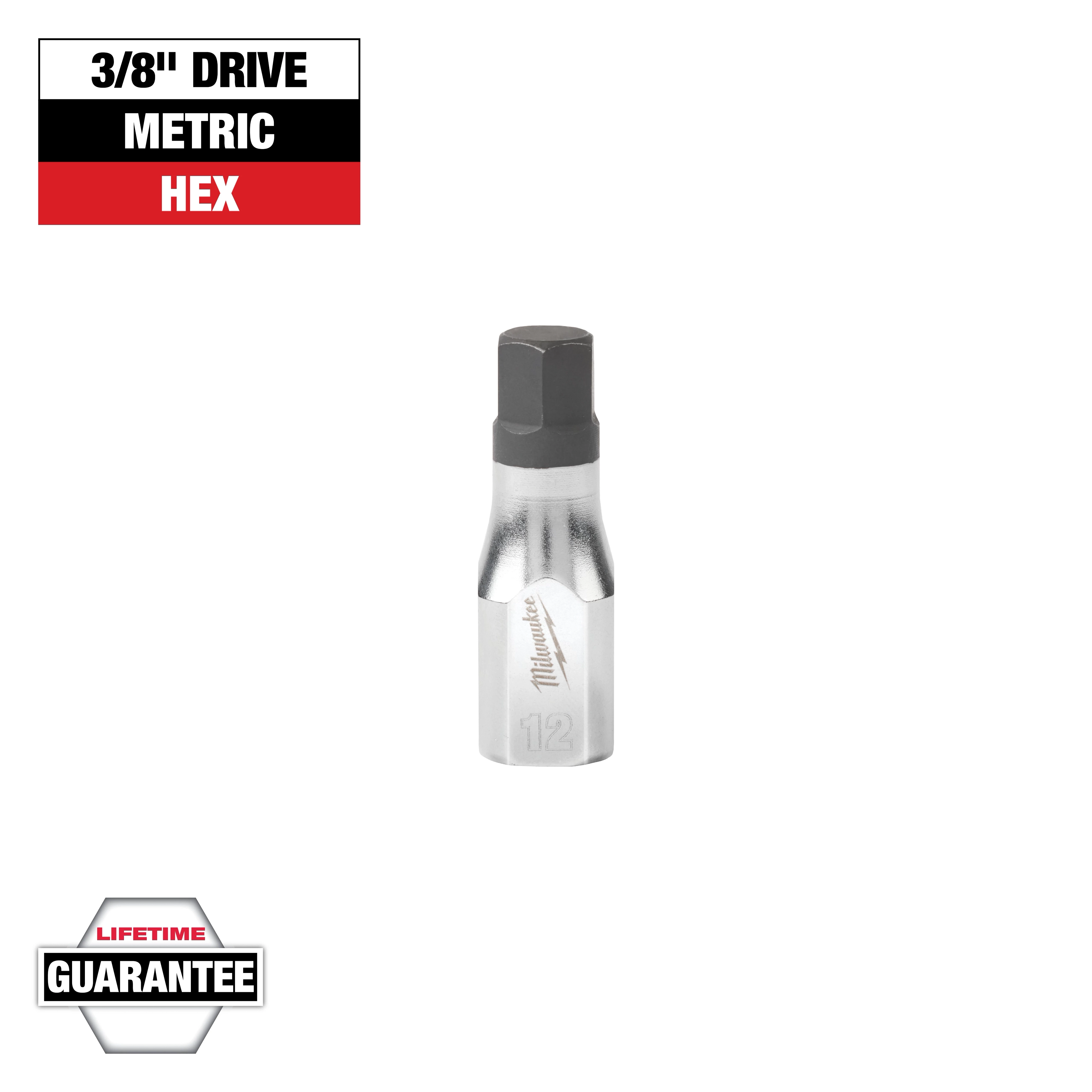 This image shows a 3/8" drive metric hex bit socket from Milwaukee. It has a shiny metallic body with a black tip. "LIFETIME GUARANTEE" is noted at the bottom left corner.