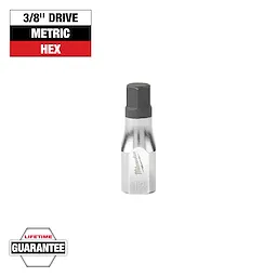 This image shows a 3/8" drive metric hex bit socket from Milwaukee. It has a shiny metallic body with a black tip. "LIFETIME GUARANTEE" is noted at the bottom left corner.
