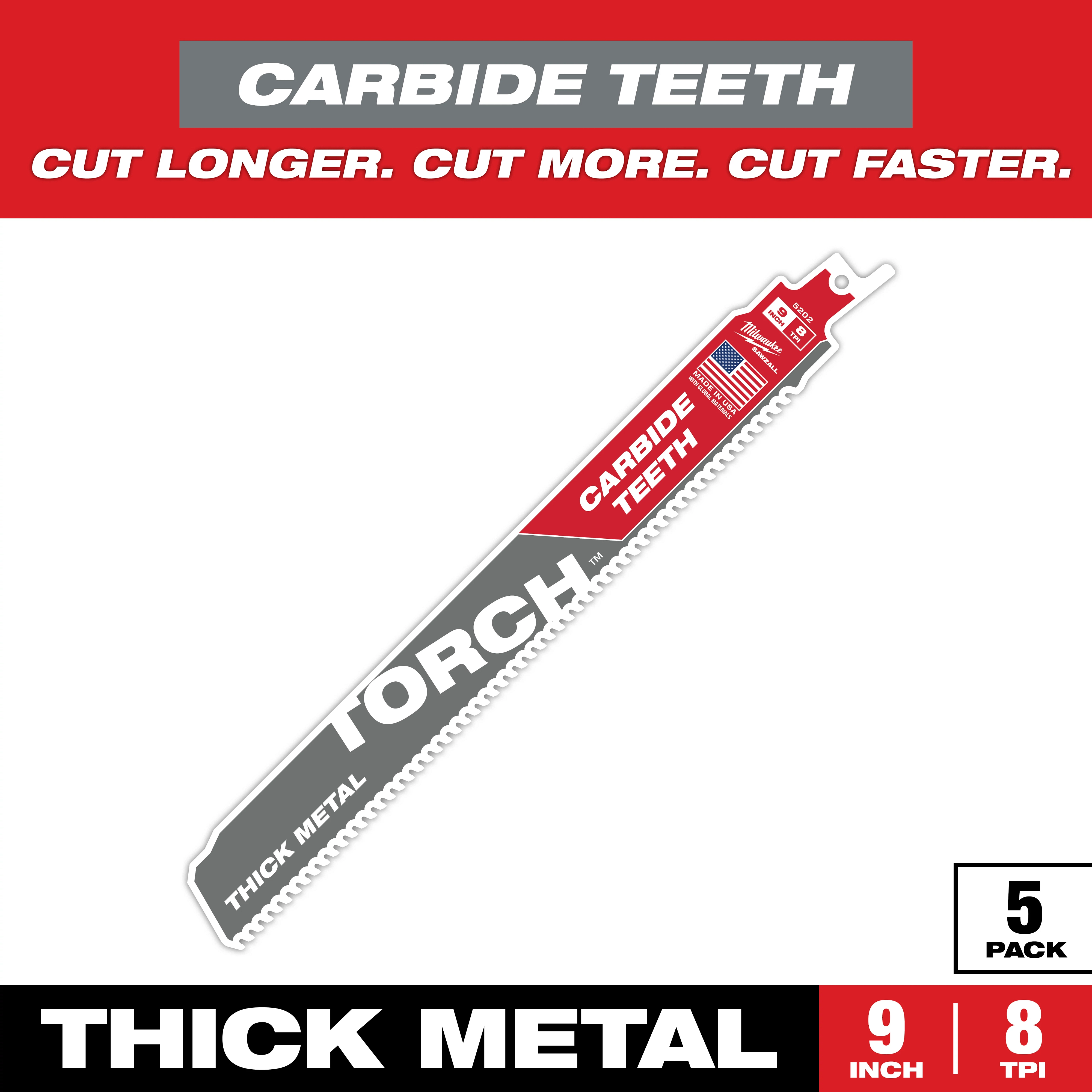 Sawzall Bi-Metal Carbide features a 9-inch blade with carbide teeth, designed for cutting thick metal efficiently. The product comes in a pack of five, offering long-lasting durability and faster cutting performance. The packaging highlights "Torch" branding and emphasizes the tagline "Cut longer. Cut more. Cut faster."