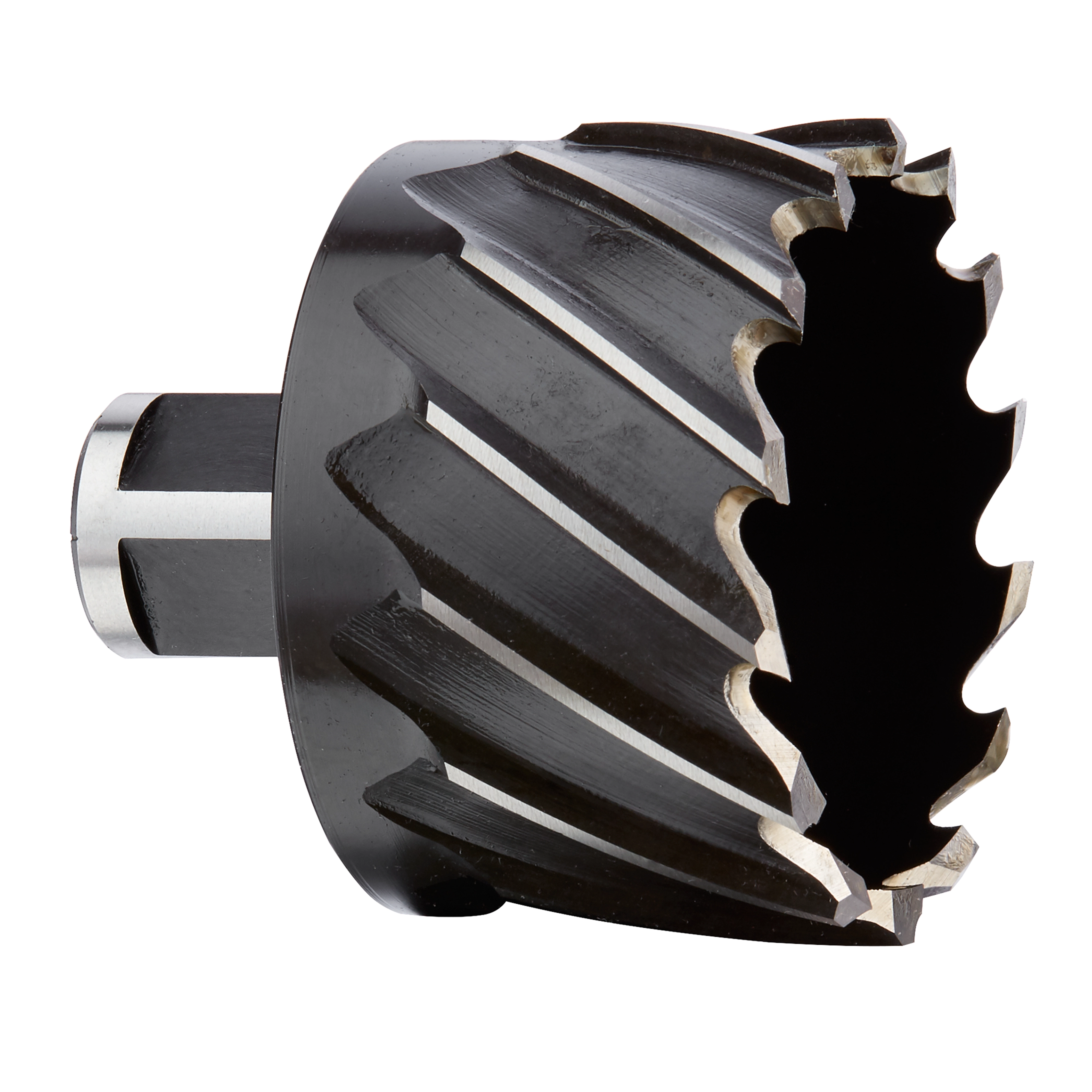 2-1/4" Annular Cutter, designed with sharp, helical cutting edges and a cylindrical shank for precision drilling in various materials.