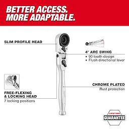 1/4” Hex Drive Mini Flex Head Bit Ratchet with slim profile flex head and chrome plated handle on white and red background.