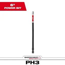 Packaging for SHOCKWAVE™ 6" Impact Phillips #3 Power Bit with the bit prominently displayed against a white background. The top label shows "6" Power Bit" in white text on a red background, and the bottom label reads "PH3" with SHOCKWAVE branding below.
