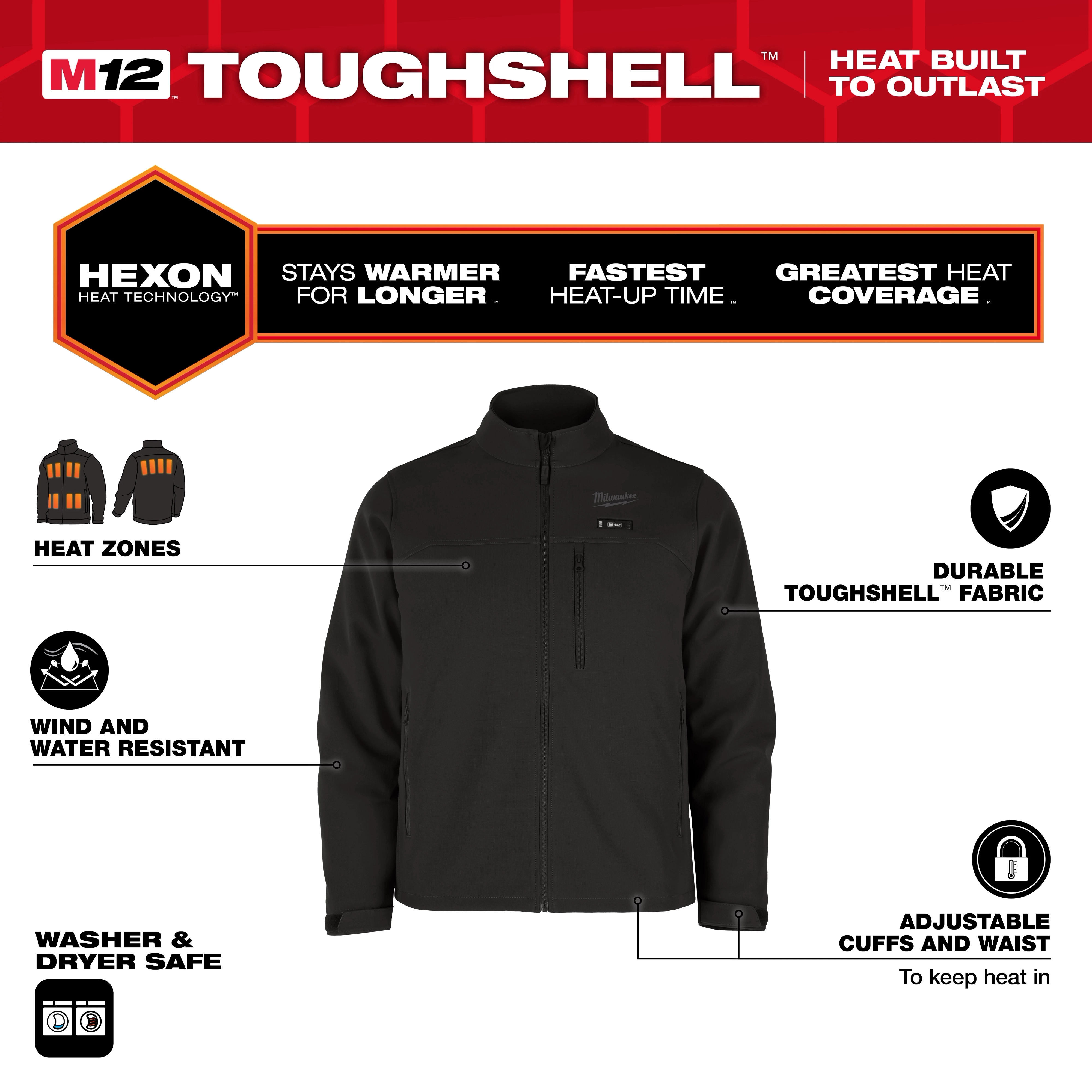 M12 Heated TOUGHSHELL Jacket in black with Hexon heat technology. Features wind and water resistance, adjustable cuffs and waist, and washer safe.